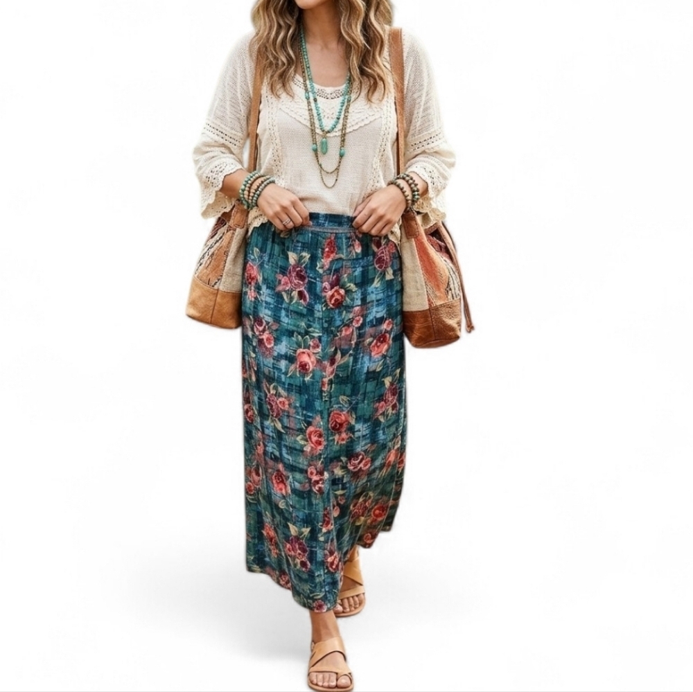 Jaclyn Smith Vintage Floral Rayon Maxi Skirt Green Rose Cottagecore Medium